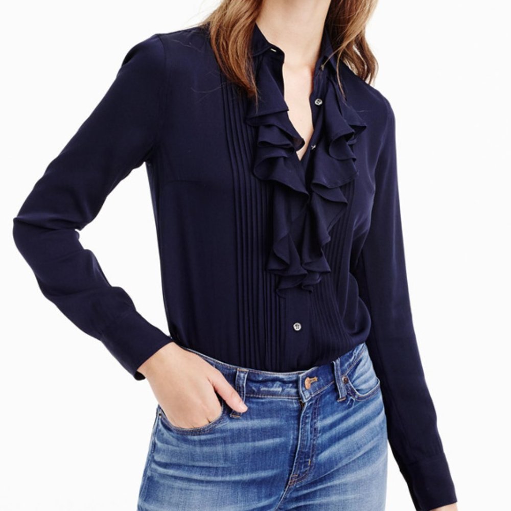 πHPπ J. CREW TUXEDO RUFFLE SILK GEORGETTE BLOUSE - Picture 1 of 9